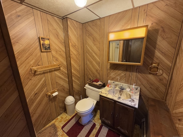 bathroom featuring toilet, vanity, and wood walls