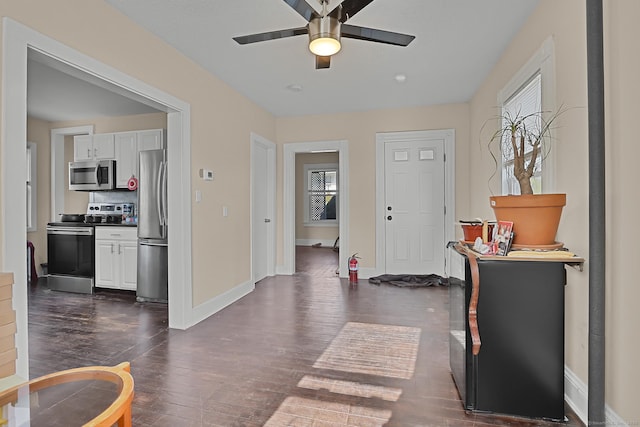 foyer with ceiling fan, plenty of natural light, and dark hardwood / wood-style flooring