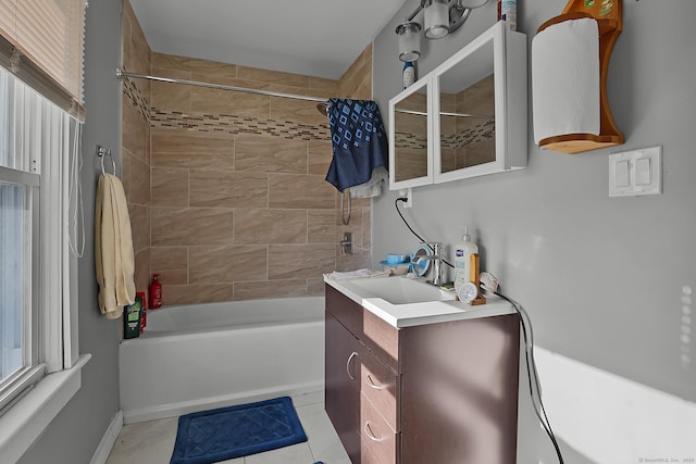 bathroom featuring vanity, shower / tub combo with curtain, and tile patterned floors