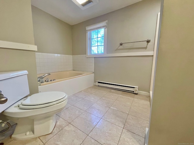 bathroom featuring tile patterned floors, toilet, baseboard heating, and a bath