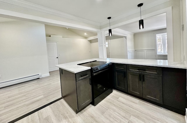 kitchen with decorative light fixtures, baseboard heating, kitchen peninsula, black range with electric stovetop, and light hardwood / wood-style floors