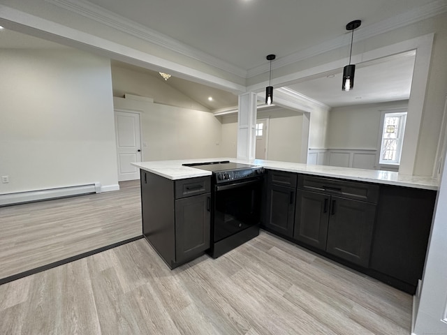 kitchen with decorative light fixtures, light wood-type flooring, kitchen peninsula, black range with electric cooktop, and a baseboard heating unit