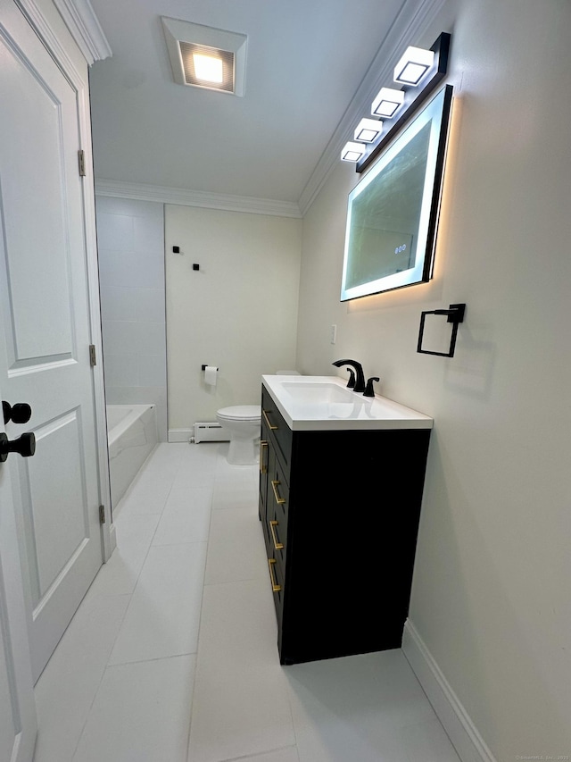 bathroom featuring crown molding, vanity, toilet, and tile patterned flooring