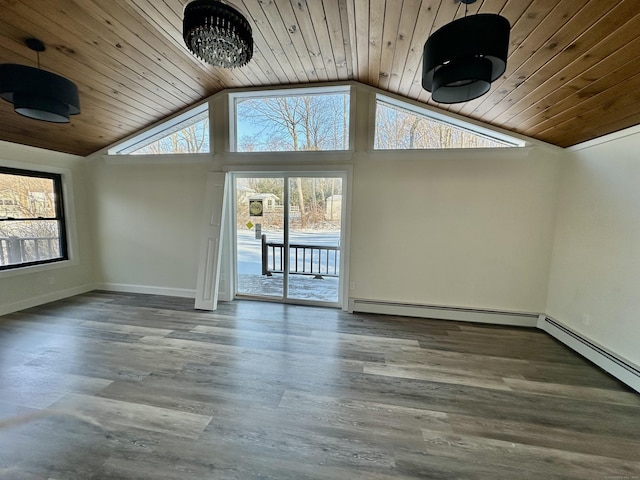 unfurnished living room featuring wood-type flooring, wooden ceiling, vaulted ceiling, and baseboard heating