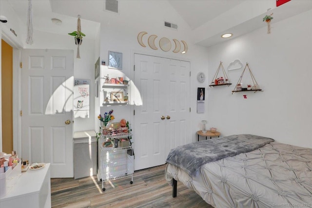 bedroom featuring wood-type flooring, a closet, and lofted ceiling