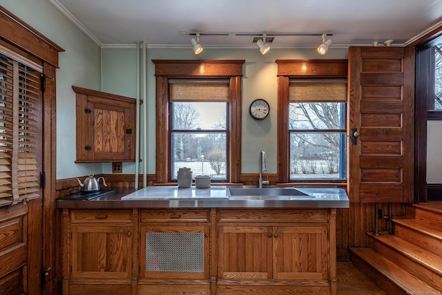 kitchen with plenty of natural light, brown cabinetry, a sink, and wainscoting