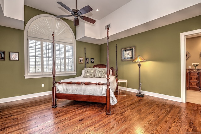 bedroom with hardwood / wood-style floors and ceiling fan