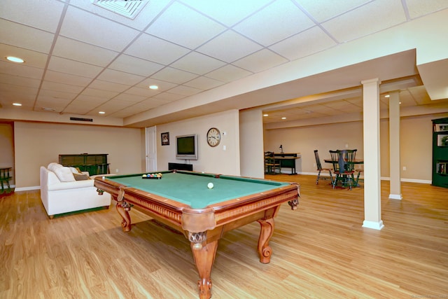 playroom featuring pool table, a drop ceiling, and light wood-type flooring