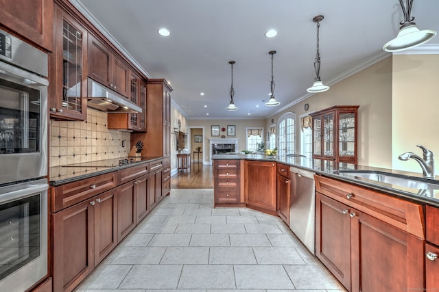 kitchen featuring sink, tasteful backsplash, decorative light fixtures, ornamental molding, and stainless steel appliances