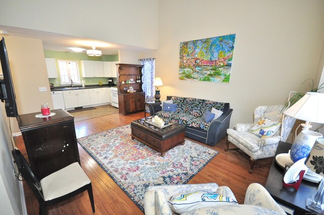 living room featuring sink and light hardwood / wood-style floors