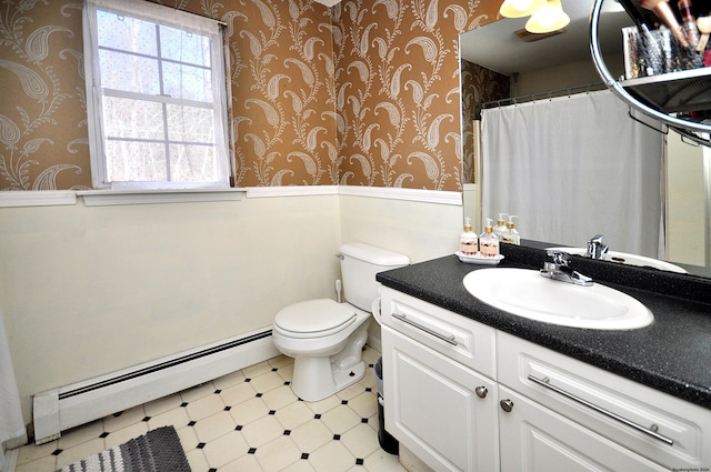 bathroom featuring wallpapered walls, toilet, a baseboard radiator, tile patterned floors, and vanity