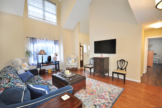 living room featuring wood-type flooring and a high ceiling