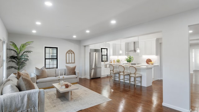 living room with dark wood-type flooring