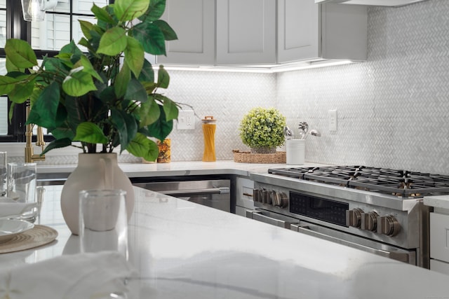 room details with white cabinetry, appliances with stainless steel finishes, extractor fan, and backsplash