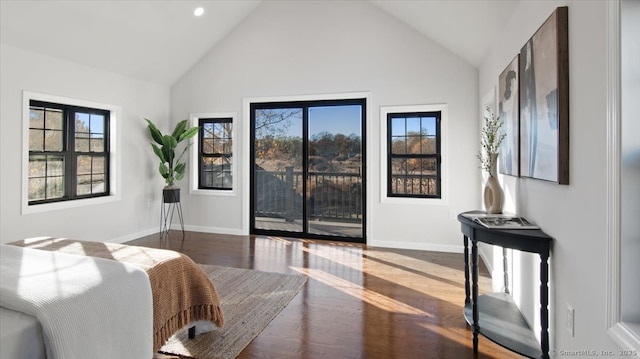 bedroom with multiple windows, access to exterior, wood-type flooring, and high vaulted ceiling