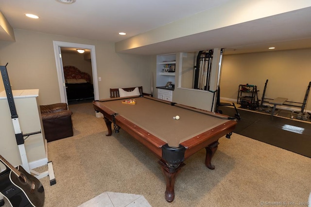 recreation room featuring recessed lighting, carpet, pool table, and baseboards