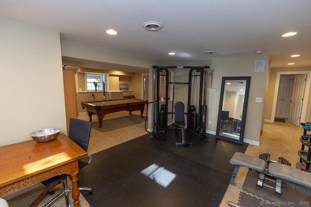 exercise area featuring pool table, baseboards, visible vents, and recessed lighting