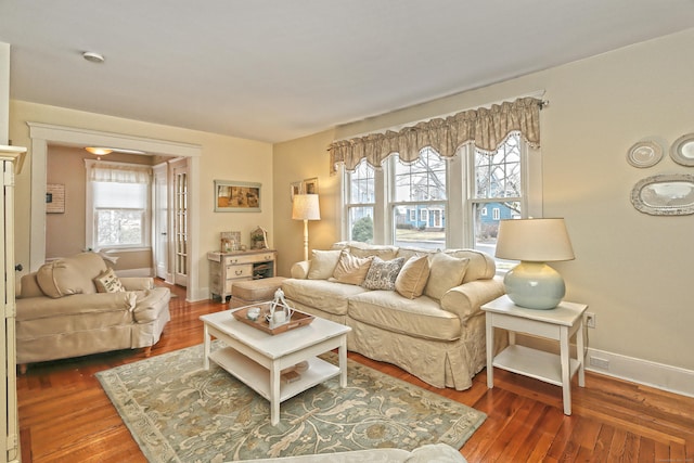 living room with dark hardwood / wood-style floors