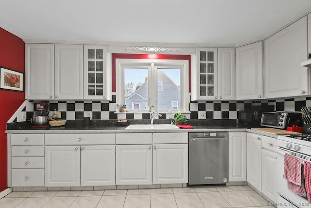 kitchen with white cabinetry, decorative backsplash, stainless steel dishwasher, white gas range oven, and sink