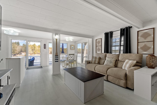 living room with light wood-style flooring and crown molding