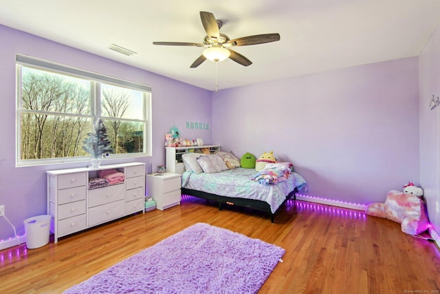 bedroom featuring ceiling fan and light wood-type flooring