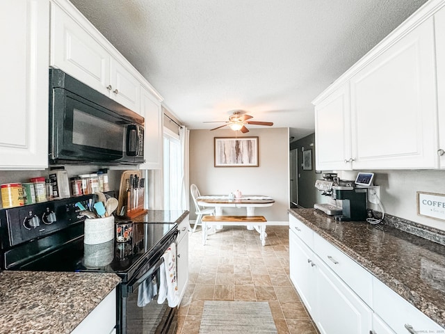 kitchen with ceiling fan, dark stone countertops, black appliances, white cabinetry, and a textured ceiling