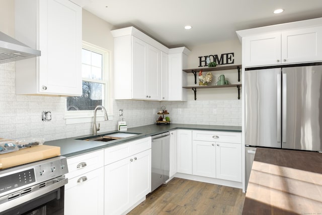 kitchen with white cabinetry, sink, wall chimney exhaust hood, and appliances with stainless steel finishes