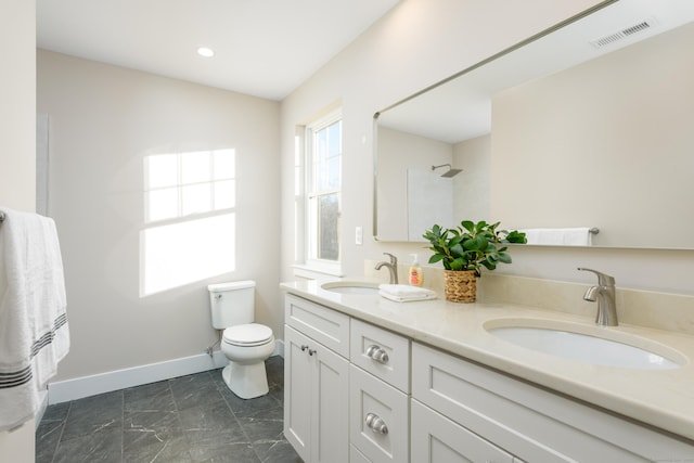 bathroom with vanity, a shower, and toilet