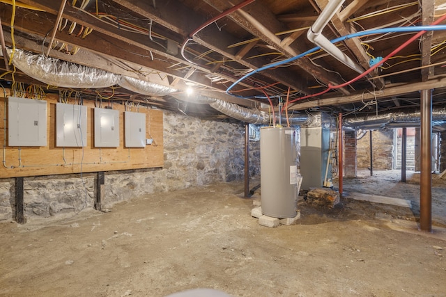 basement featuring electric water heater and electric panel