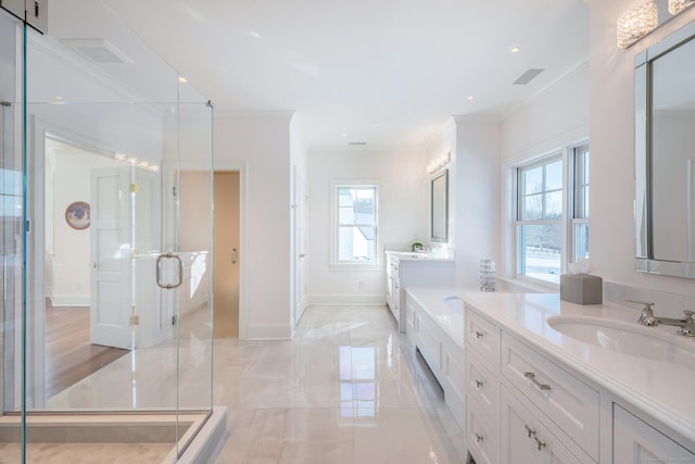 bathroom featuring vanity, visible vents, ornamental molding, and a stall shower