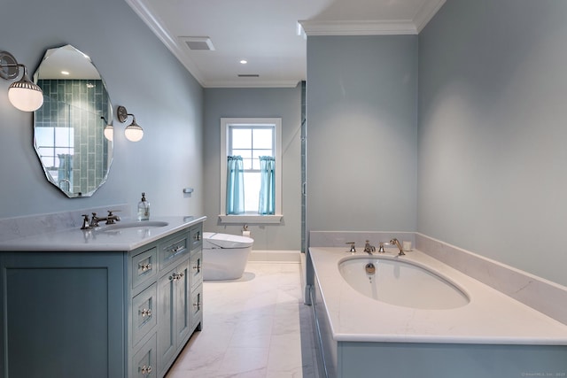 bathroom featuring crown molding, vanity, marble finish floor, and visible vents