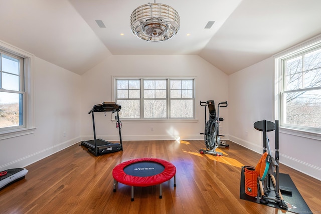 exercise room with plenty of natural light, wood finished floors, and lofted ceiling