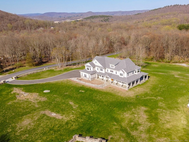 bird's eye view with a wooded view