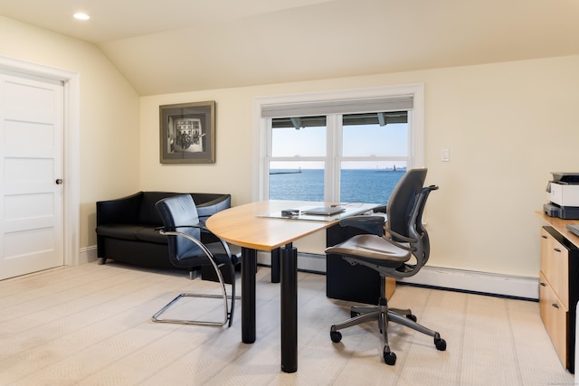 office featuring vaulted ceiling, a water view, and a baseboard heating unit