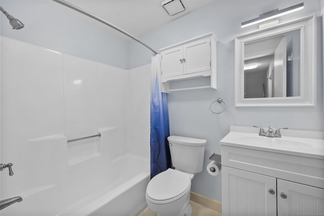 full bathroom with toilet, vanity, and shower / bath combo with shower curtain