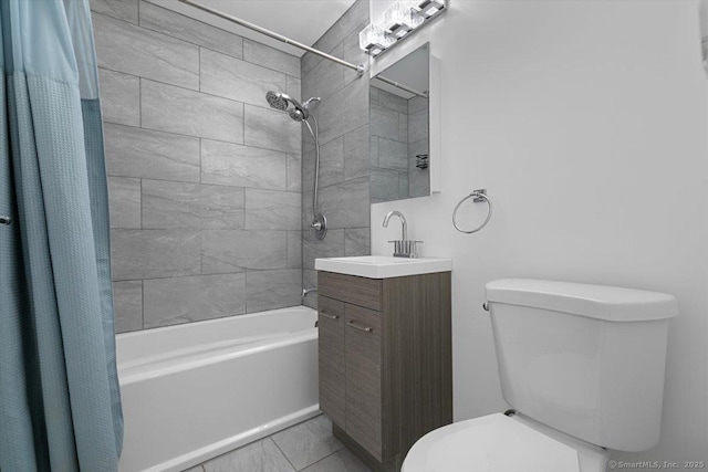 full bathroom with toilet, vanity, tile patterned flooring, and shower / tub combo with curtain