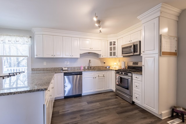 kitchen featuring white cabinetry, appliances with stainless steel finishes, dark wood-type flooring, dark stone counters, and sink