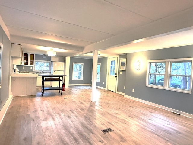 unfurnished living room featuring a wealth of natural light and light hardwood / wood-style floors