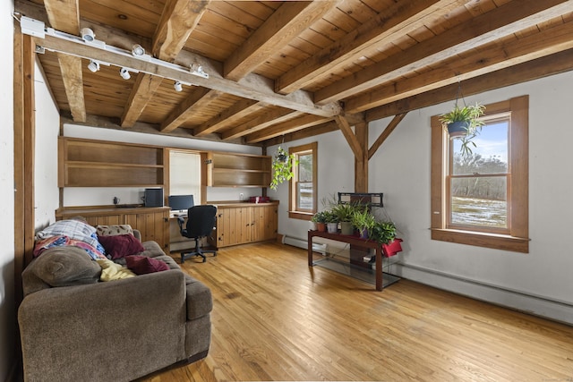 living room with built in desk, wood ceiling, light hardwood / wood-style floors, and beamed ceiling