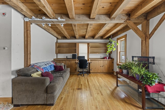 living room featuring light wood-type flooring, wood ceiling, and beamed ceiling