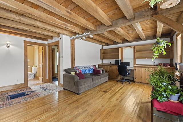 living room featuring wood ceiling, built in desk, light hardwood / wood-style flooring, and beamed ceiling