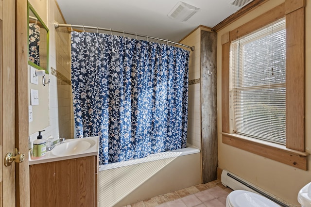 full bathroom with toilet, vanity, tile patterned flooring, shower / tub combo, and ornamental molding