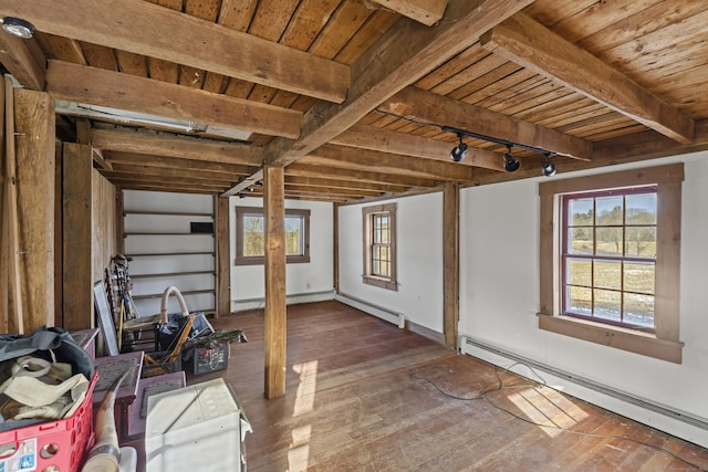 interior space with wooden ceiling, a baseboard radiator, hardwood / wood-style flooring, and track lighting