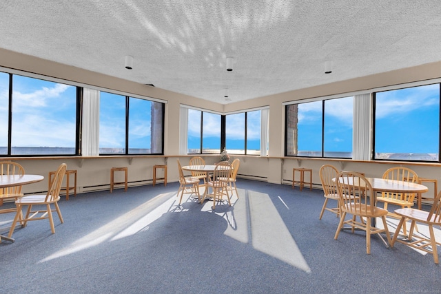 dining room featuring a textured ceiling, baseboard heating, a water view, and carpet floors