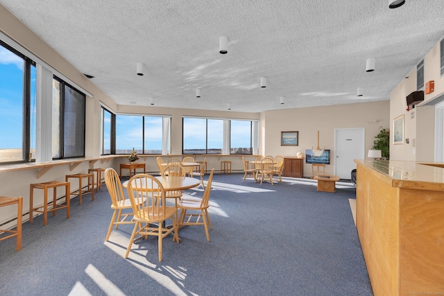 carpeted dining room with a textured ceiling