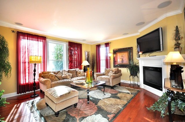 living room featuring dark hardwood / wood-style flooring and ornamental molding