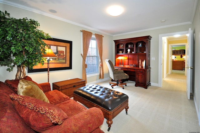 office with ornamental molding and light carpet