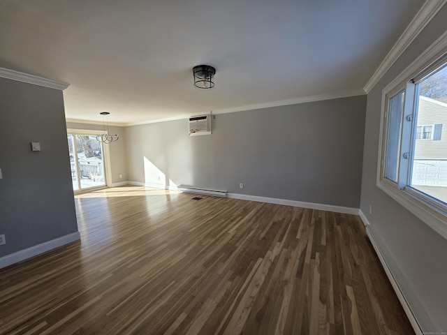 empty room with a baseboard radiator, baseboards, dark wood-type flooring, and crown molding