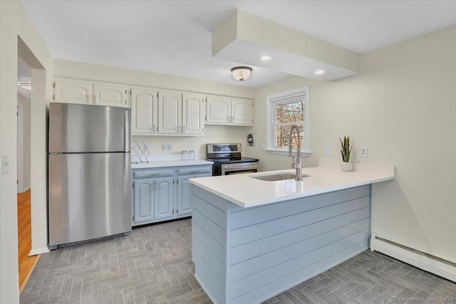 kitchen with sink, a baseboard radiator, kitchen peninsula, stainless steel appliances, and white cabinets