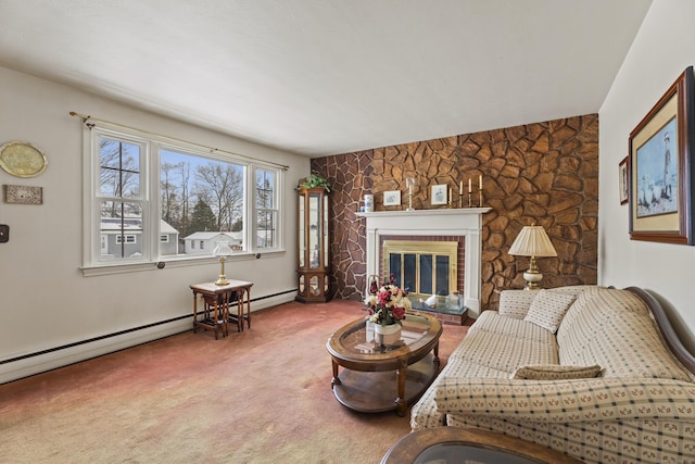 living room with a baseboard heating unit and carpet flooring